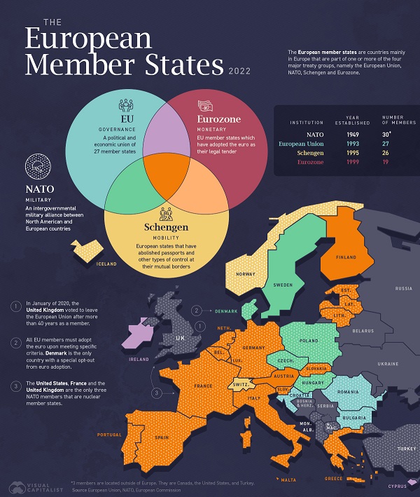 Con este mapa puedes distinguir los países de UE, de la OTAN y del Espacio Schengen