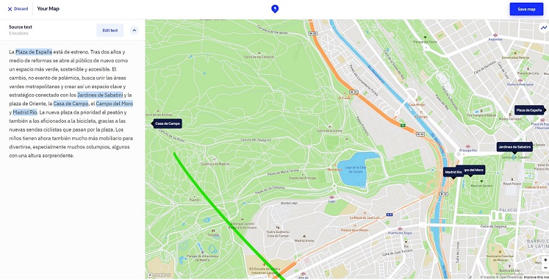 Textomap es una aplicación web de uso gratuito para crear mapas interactivos a partir de los topónimos y direcciones incluidos en cualquier texto